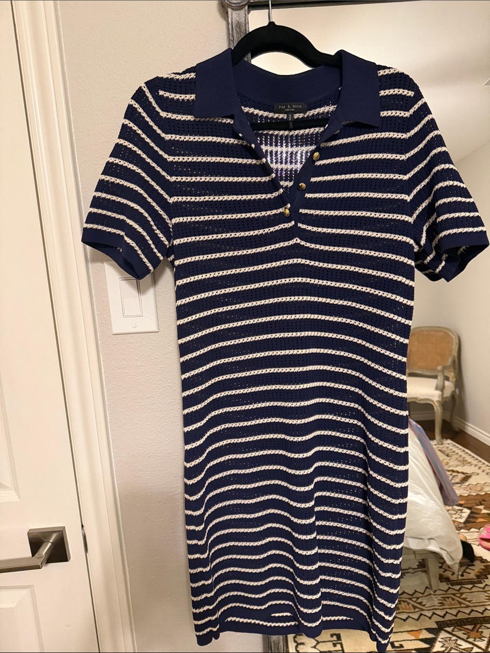 Rag & bone Navy & White Striped Knit Polo Dress